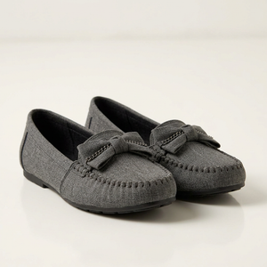 Grey H0206 women's moccasins, front three-quarter view