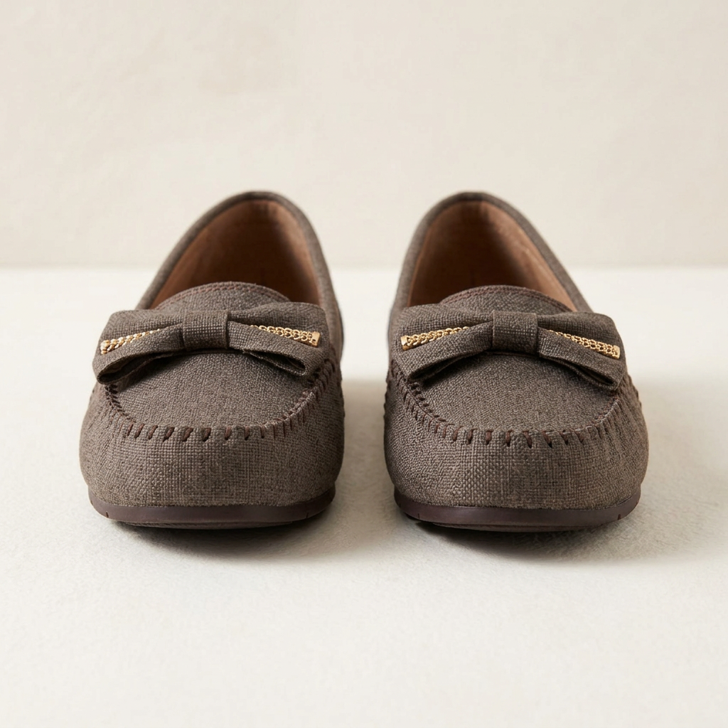 Brown H0206 women's moccasins, front three-quarter view